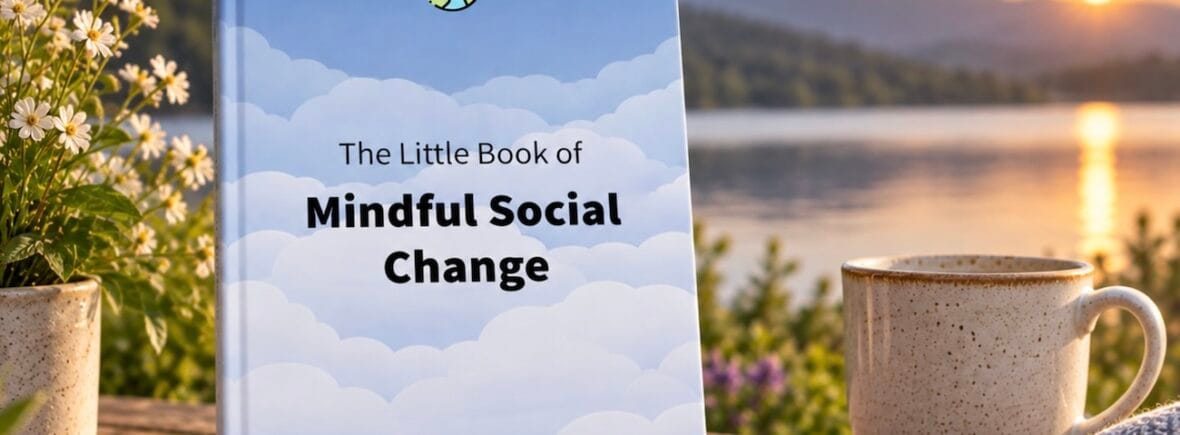 The Little Book of Mindful Social Change resting on a table at sunset