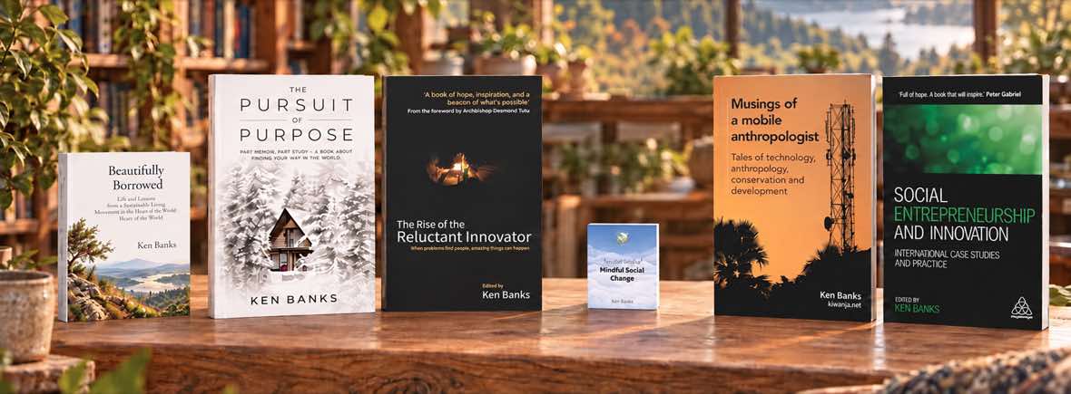 Ken Banks’ books of different sizes arranged together