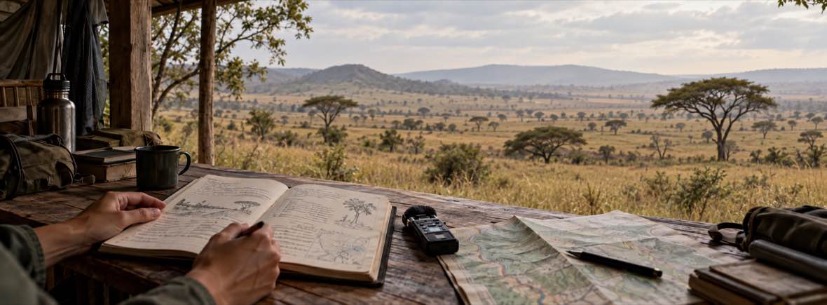 A field notebook, map and binoculars on a wooden table overlooking an African savannah