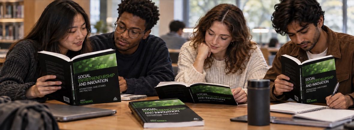 Four students reading copies of Social Entrepreneurship and Innovation at a library table