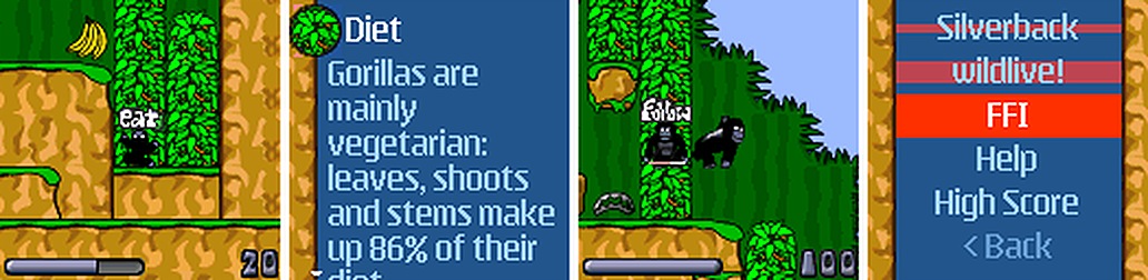 Four mobile screenshots from the Silverback game, showing a gorilla in the forest and the game menu