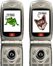 Two mobile phones showing the Frog and Tiger virtual pet games, each displaying an