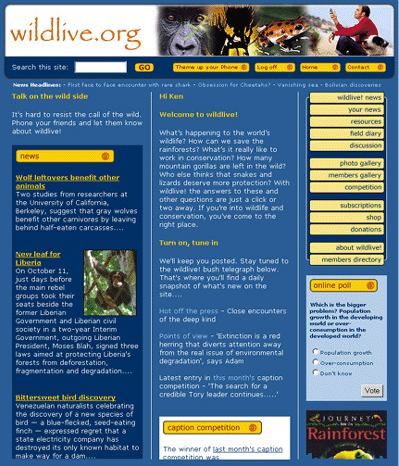 The wildlive! website homepage, with the wildlive.org logo and conservation news